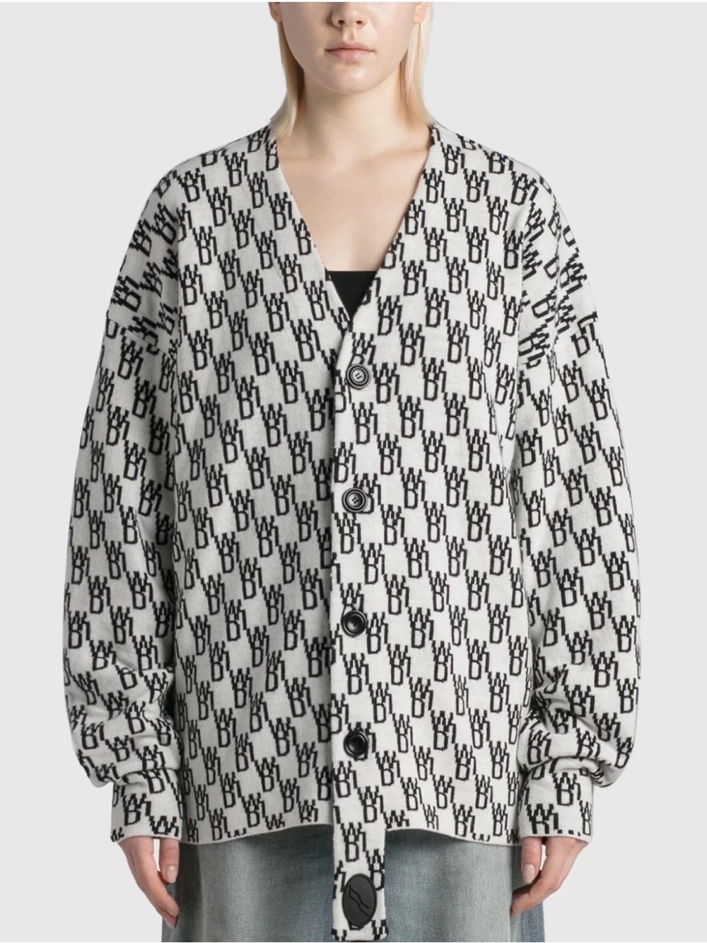 We11done Medium Black White Logo Jacquard Wool Cashmere Cardigan Sweater Unisex